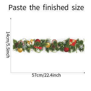 Christmas window sticker size guide with pine needles and ornaments measuring 57cm by 14cm