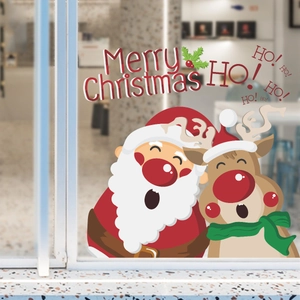 Christmas window decals featuring cartoon Santa, reindeer, and Merry Christmas text