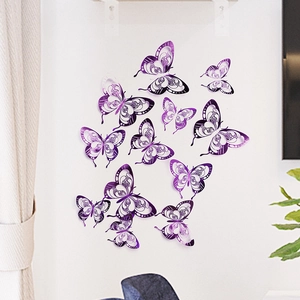 Close-up of 3D gradient purple hollow butterflies on a clean white wall for home decor