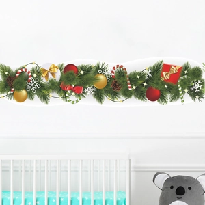 Christmas wall sticker with pine branches, red balls and candy for festive home decor