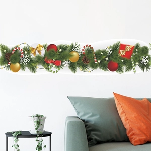 Christmas pine branch wall sticker with colorful baubles and gift boxes for window decor