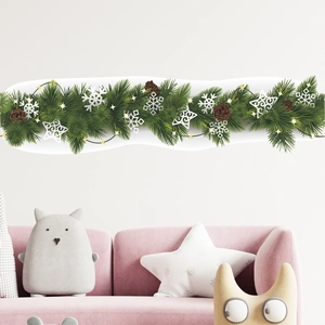 Christmas wall sticker with pine needles pinecones snowflakes and warm string lights