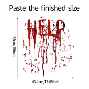 Detailed dimension guide for Halloween bloody HELP decal showing width and height specifications