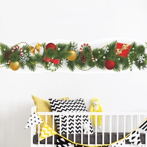 Detailed Christmas wall border sticker featuring pine branches and festive candy cane decor