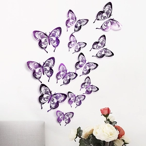 Detail of purple 3D hollow butterfly wall stickers with metallic texture and gradient finish
