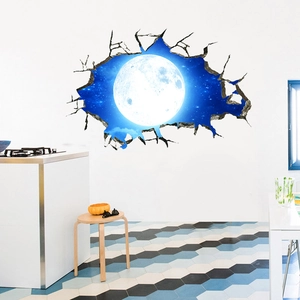 Detailed 3D broken wall moon and starry sky wall sticker for home ceiling and wall decor