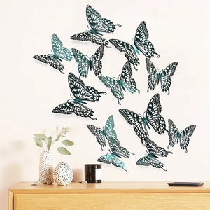 Detail of 12pcs 3D hollow blue-black gradient butterfly wall stickers in a home setting