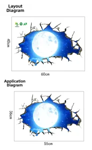 Detailed 3D broken wall moon PVC wall sticker with layout and application dimensions