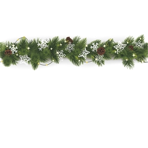 Christmas pine needle garland with pine cones, snowflakes and warm lights on white background