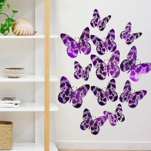 Detail view of 12 purple hollow 3D butterfly wall stickers with metallic texture