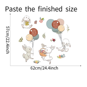 Detailed size guide for rabbit balloon wall stickers showing 62x57cm finished dimensions