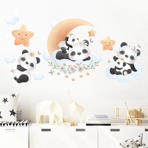 Cartoon panda wall stickers with moon and stars for children's bedroom wall decoration