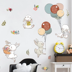 Cartoon Rabbit Balloon Flower Wall Stickers For Kids Bedroom Nursery PVC Self-Adhesive Animal Wall Decals Home Decor