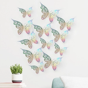 Detailed 3D hollow butterfly wall stickers with laser holographic effect in a home setting