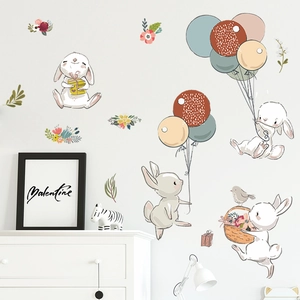 Cartoon bunny wall stickers with macaque balloons and flowers for kids bedroom decor