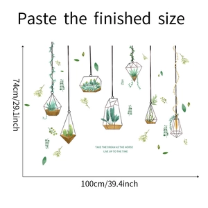 Detailed dimension guide for potted plant wall stickers showing 100cm by 74cm size
