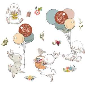 Hand-painted watercolor bunny wall stickers with balloons and flowers for kids' room decor