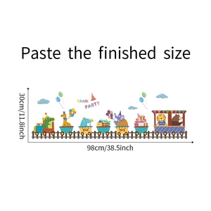 Detail showing dimensions of cartoon animal train wall stickers for kids room decor