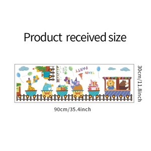 Detailed view of cartoon animal train wall decal showing dimensions 90cm by 30cm