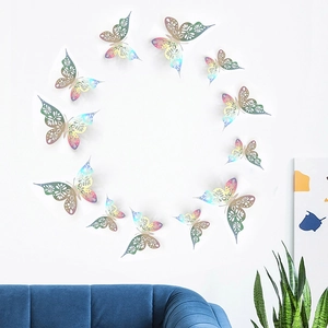 Holographic 3D hollow butterfly wall stickers with laser cut floral patterns for decor