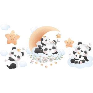 Cartoon panda wall stickers with moon, stars and clouds for kids bedroom decoration