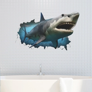 3D shark breaking through wall decal for boys room and bathroom creative home decor