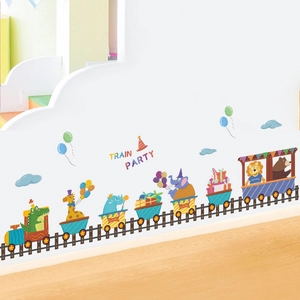 Colorful cartoon animal train wall sticker for kids room decor with party animals
