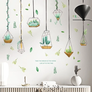 Modern potted plant wall stickers featuring geometric hanging succulents and green leaves