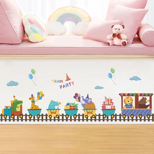 Cartoon animal train party wall stickers for kids room with giraffes and elephants