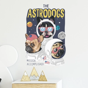 Space dogs wall sticker featuring French Bulldogs in astronaut suits on a blue star background