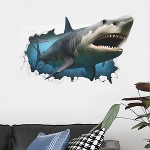 3D realistic great white shark wall sticker breaking through wall for boys room decor