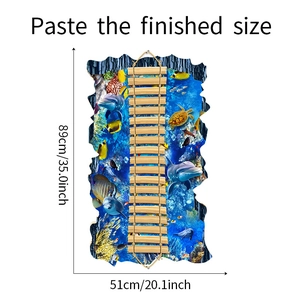 Detailed size chart for 3D underwater ocean world wall decals with fish and sea turtles