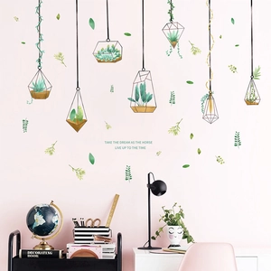 Nordic style green potted plant wall stickers with geometric hanging baskets on pink wall