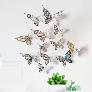 3D hollow metallic butterfly wall stickers with intricate floral patterns for home decor