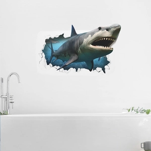 Detailed view of 3D shark wall sticker bursting through bathroom tiles over a white bathtub