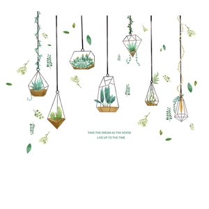 Nordic watercolor green plant wall decals with geometric gold frames and quotes