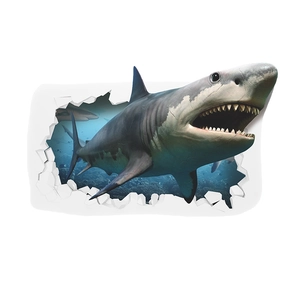 3D fierce great white shark breaking through wall decal for boys room decoration