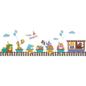 Cartoon animal train party wall sticker for children room decor with colorful balloons