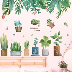 Fresh Tropical Green Plant Potted Succulent Wall Sticker PVC Removable Botanical Garden Decorative Wall Decal Home Decor
