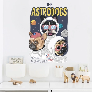 Cartoon space dogs wall sticker with astronauts and stars for kids bedroom decoration