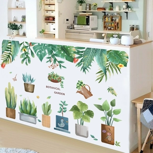 Tropical botanical garden wall stickers featuring monstera leaves and potted succulent plants