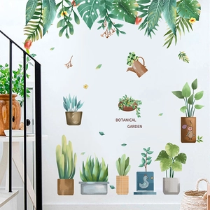 Fresh tropical green plant wall decals featuring succulents and potted botanical leaves