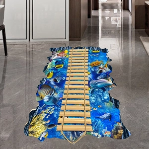3D ocean floor sticker with wooden bridge, dolphins and tropical fish for room decoration