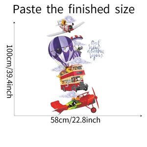 Cartoon wall stickers set showing size dimensions 100x58cm with balloon and bus