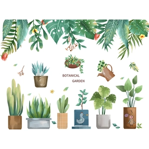 Tropical botanical garden wall decals featuring potted succulents and lush green leaves