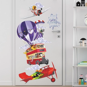 Colorful animal adventure wall stickers with hot air balloon, bus, and clouds for kids room