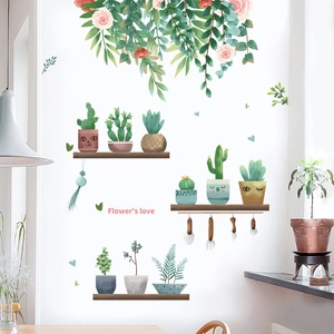 Moderno Adesivo da Parete Piante Succulente in Vaso Murales Cactus Fiori in PVC Removibile per Soggiorno Camera da Letto