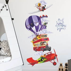 Cartoon animal wall stickers with hot air balloons and bus for kids room decor