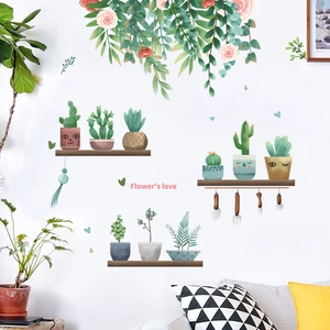 Adesivi murali piante verdi autoadesivi con vasi di succulente e decorazioni floreali