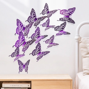 Detailed 3D hollow purple butterfly wall stickers set for home interior decoration